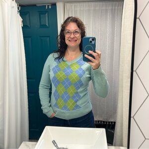 J. Crew V-Neck Sweater in Blue and Green Argyle